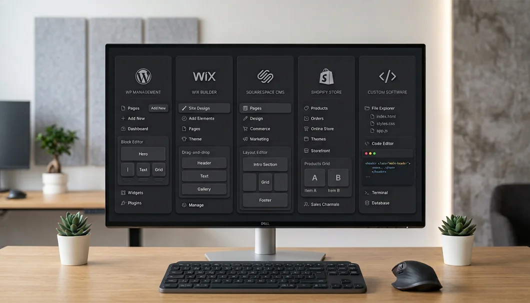 WordPress, Wix, Squarespace, Shopify ve özel yazılım ile web sitesi oluşturma seçenekleri
